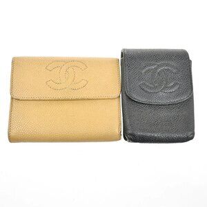 CHANEL CC 2 Set Wallet Cigarette Case Grained Calfskin Leather BE BK 68KC478